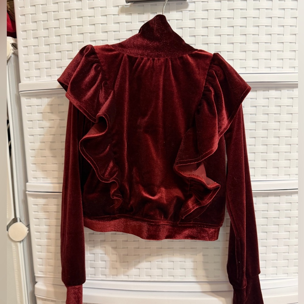 Joyfolie Burgundy Velvet Ruffle Jacket - Picture 6 of 8